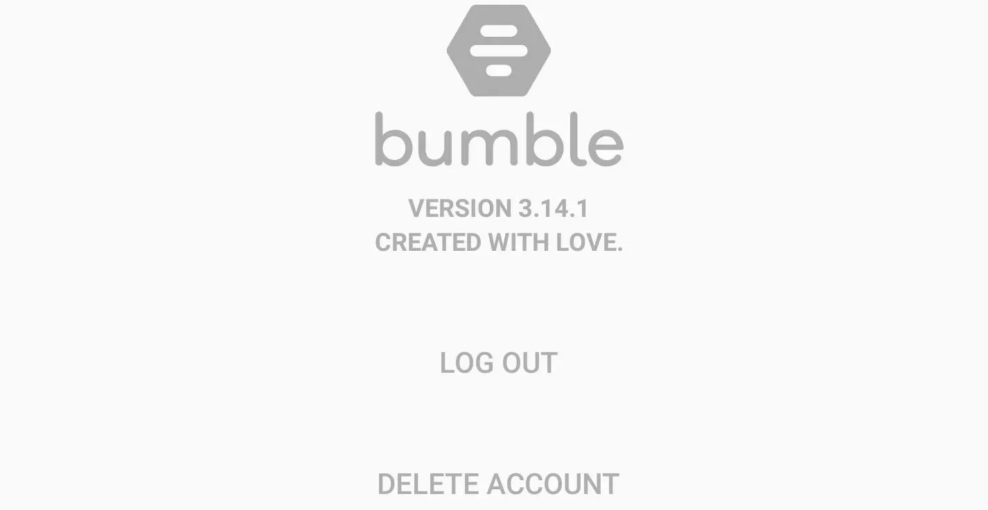 Bumble settings page showing Log Out and Delete Account options, version 3.14.1