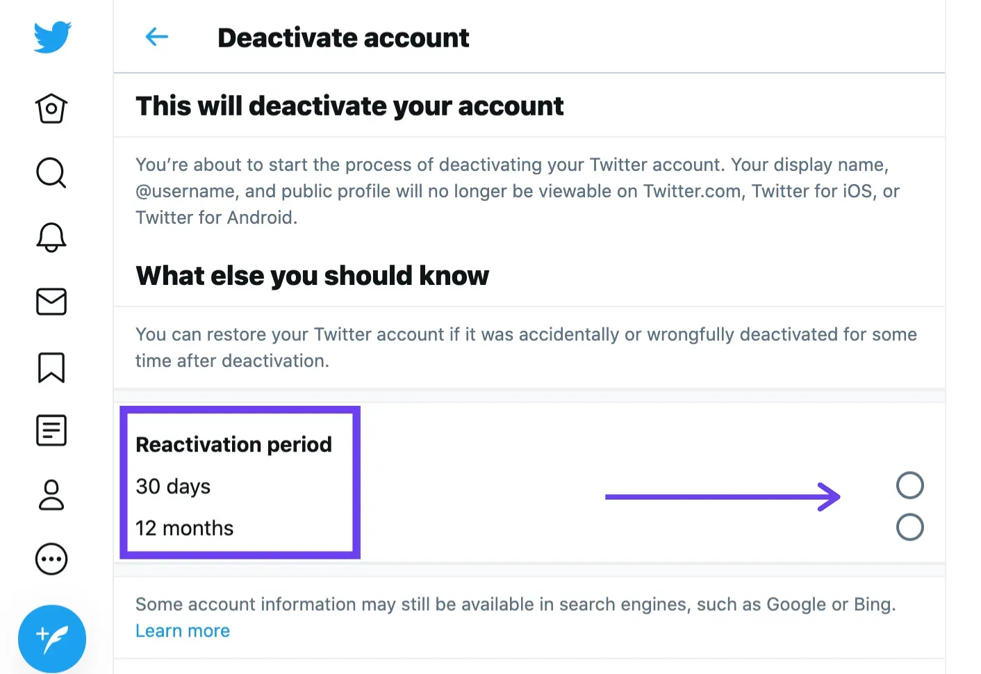 Twitter deactivate account screen showing 30-day or 12-month reactivation period options