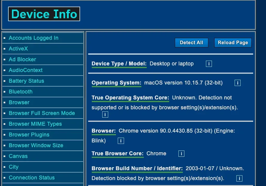 Device Info fingerprint checker showing detected OS, browser and device details