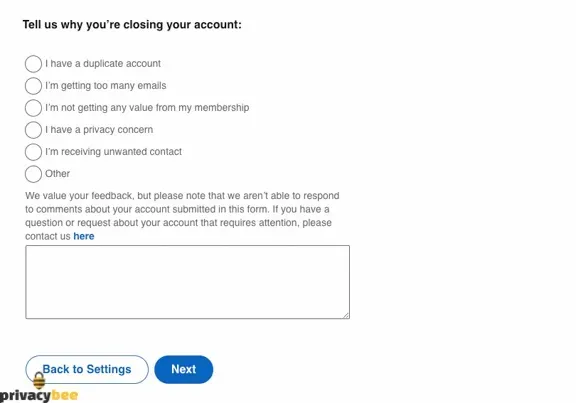 LinkedIn account closure form asking why you're closing your account with a privacy concern option