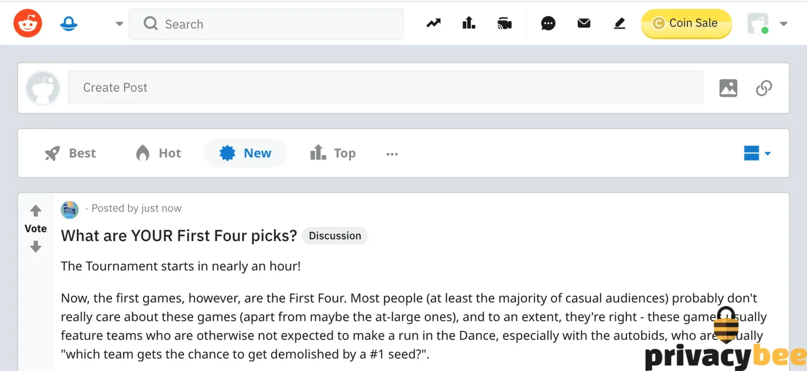 Reddit feed with a Create Post box and a discussion thread sorted by New