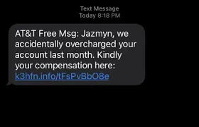 Smishing text posing as AT&T offering overcharge compensation through a suspicious link