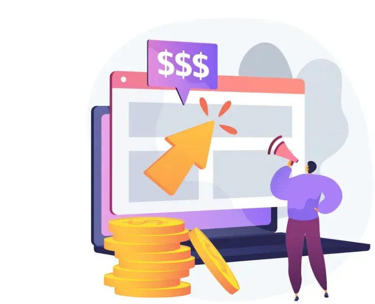 Person with a megaphone beside a laptop showing a click cursor, dollar signs, and gold coins