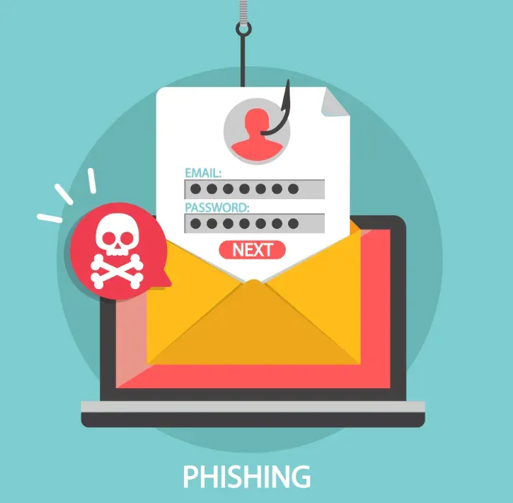 Phishing illustration: login form on a fishing hook over an email envelope with a skull warning