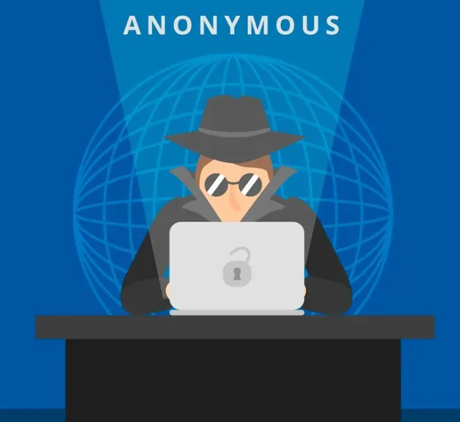 Anonymous figure in hat and sunglasses at a laptop with an unlocked padlock over a globe grid
