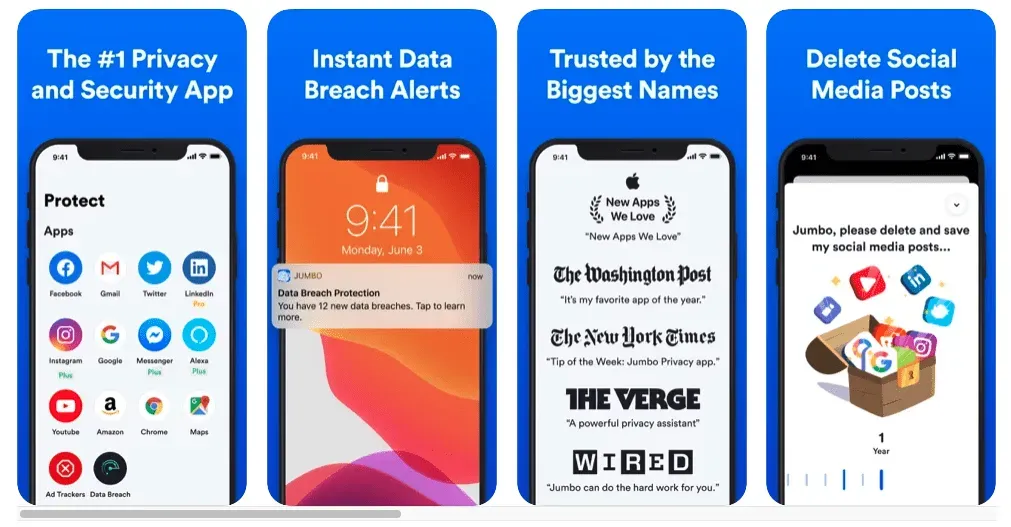 Jumbo Privacy app screens showing data breach alerts and social media post deletion