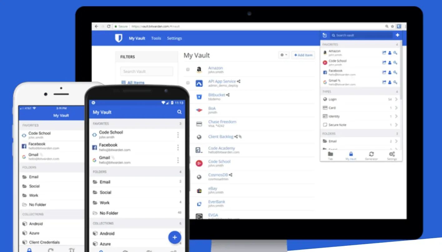 Bitwarden 'My Vault' password manager shown across desktop browser, tablet and mobile phones