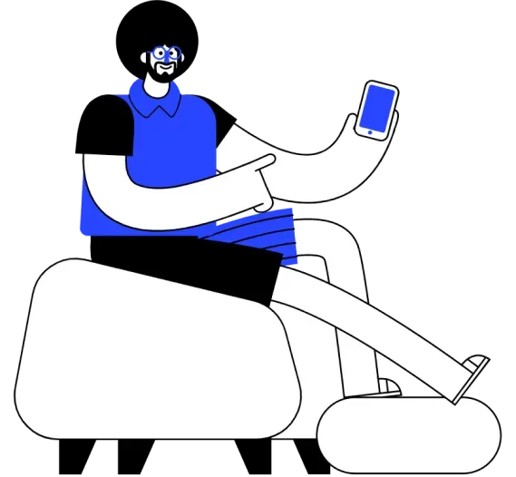 Illustration of a smiling person relaxing in a chair looking at a smartphone