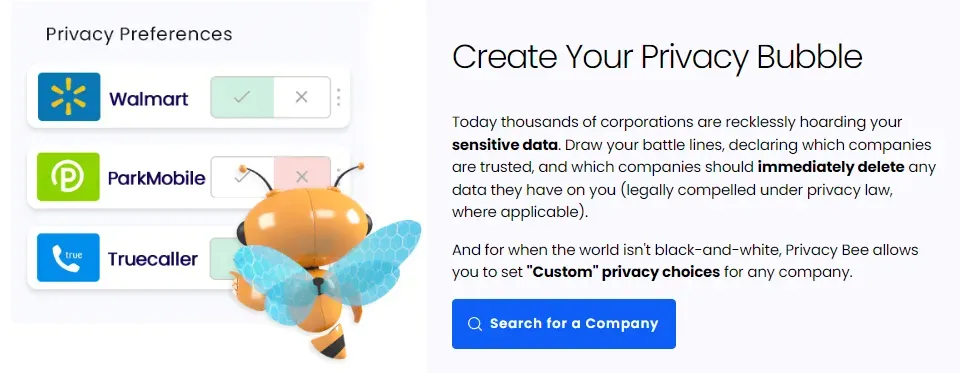 Privacy Bee Create Your Privacy Bubble panel setting trusted or delete choices for Walmart, ParkMobile, Truecaller