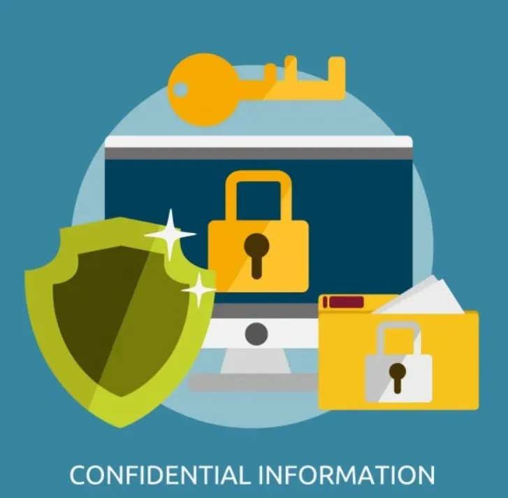 Confidential Information graphic: shield, key and padlocks guarding a monitor and locked folder