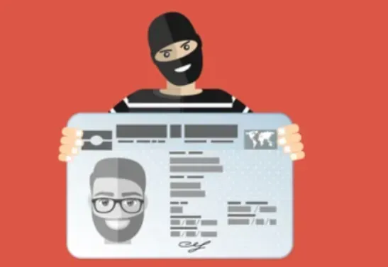 Masked thief in a balaclava holding a stolen ID card with a person's photo and details