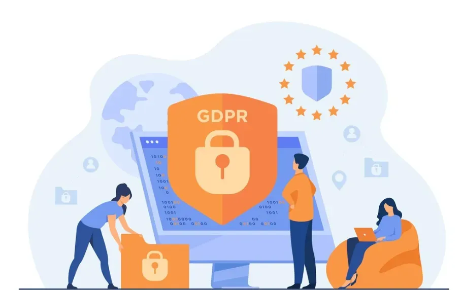 GDPR padlock shield over a computer ringed by EU stars as people manage data files