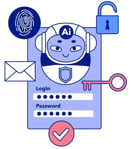 AI robot beside a login and password form with fingerprint, key, and unlocked padlock icons