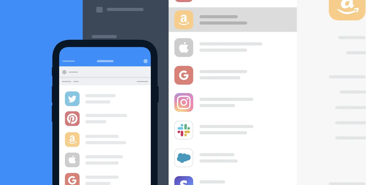 Phone and list showing saved app logins for Twitter, Amazon, Apple, Google and more
