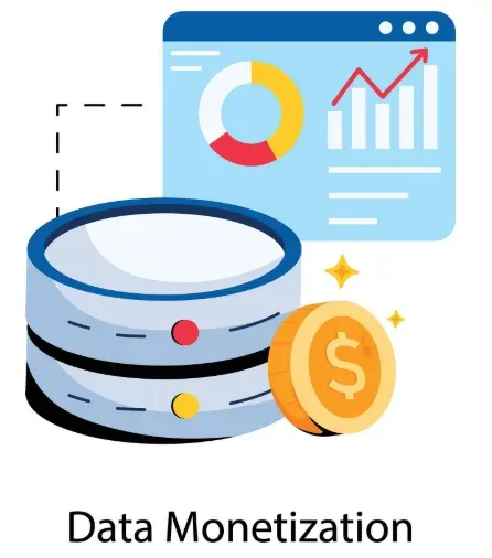 Data Monetization graphic with database stack, dollar coin and analytics dashboard