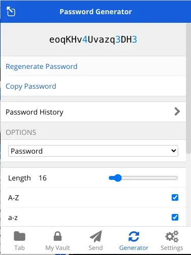 Bitwarden Password Generator creating a 16-character password with length and character options