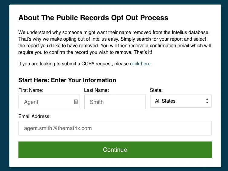 Intelius opt-out form with name, state, and email fields to remove personal records