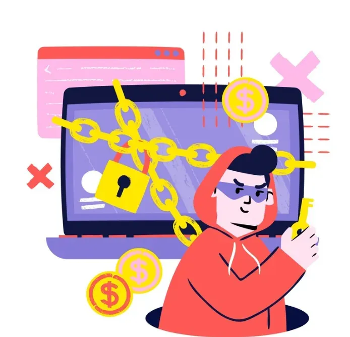 Illustration of a laptop wrapped in chains and a padlock as a masked thief holds a key beside dollar coins