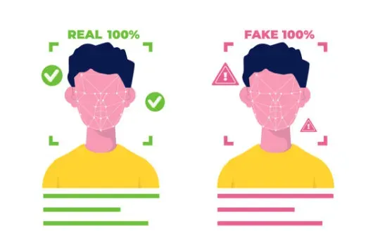Facial recognition comparing a real face marked 100% real to a deepfake flagged 100% fake