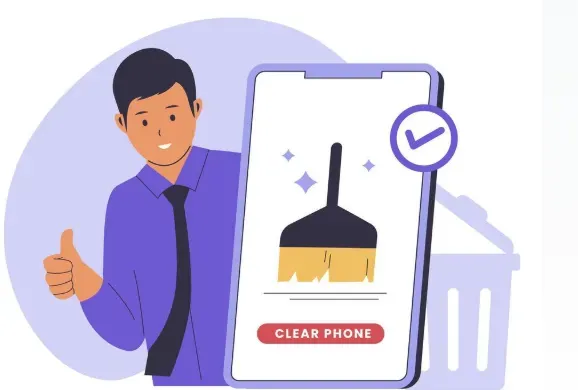 Man giving a thumbs-up beside a phone showing a broom icon and a Clear Phone button