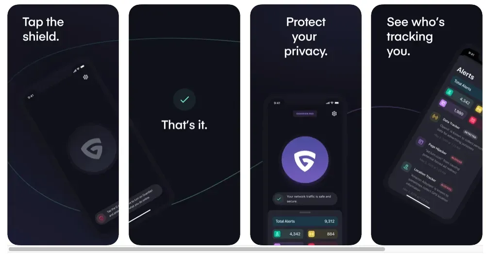 Guardian Firewall + VPN app screens showing shield activation and tracker alerts