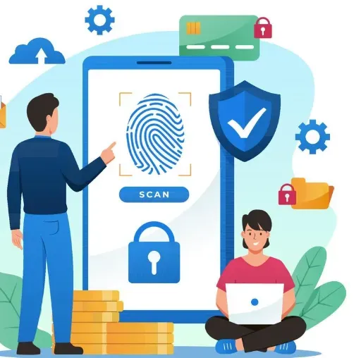 Man scanning a fingerprint on a giant phone beside a shield checkmark and locks securing personal data