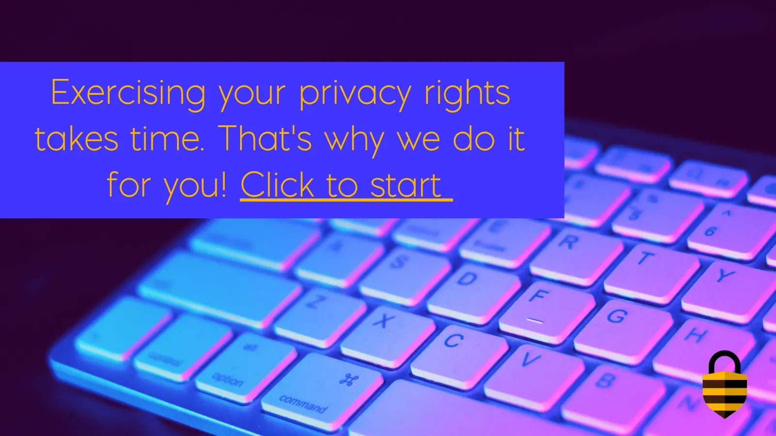 Backlit keyboard with text urging you to exercise your privacy rights and a Privacy Bee bee logo