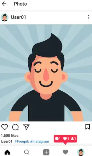 Instagram-style profile post of a cartoon man with 1,500 likes and comments