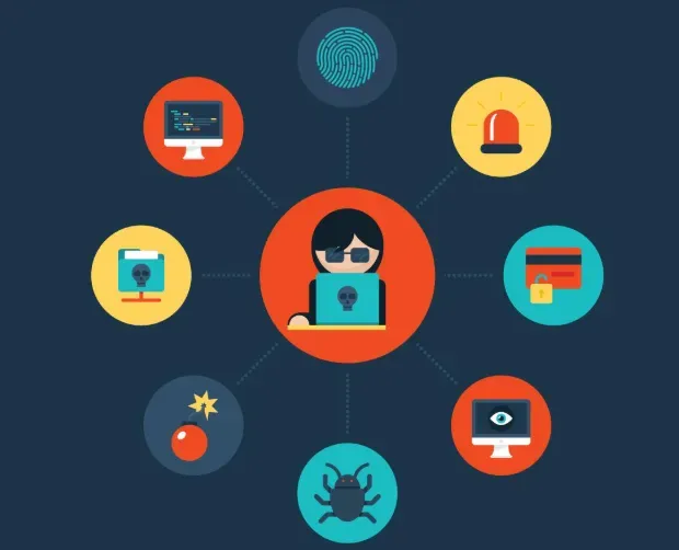 Hooded hacker at a laptop surrounded by icons for malware, credit cards, bugs and surveillance