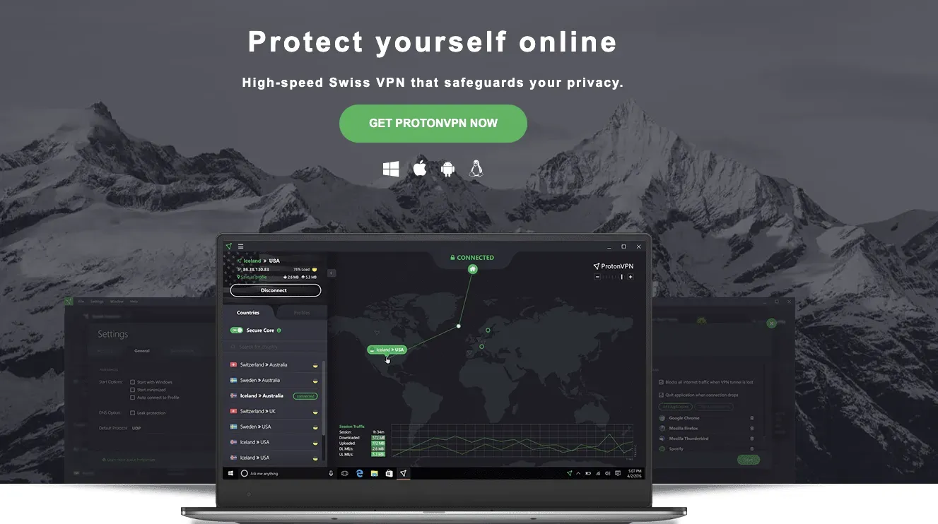ProtonVPN 'Protect yourself online' page with laptop running the VPN app over a mountain backdrop