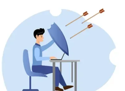 Illustration of a person at a laptop raising an umbrella to block incoming arrows, shielding their data