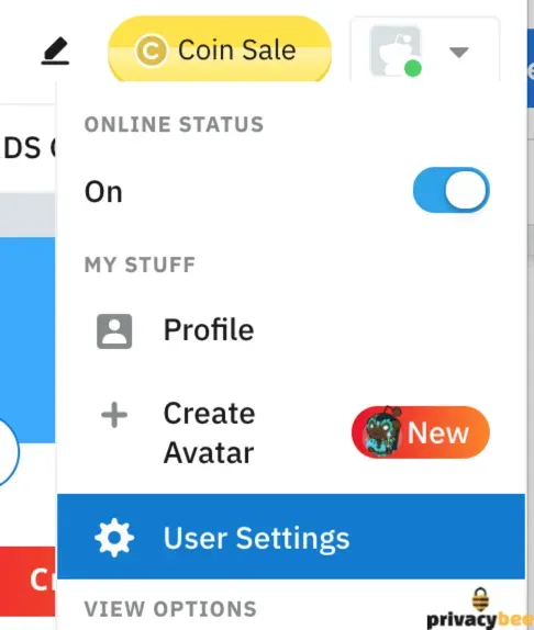 Reddit account dropdown showing Online Status, Profile, Create Avatar, and User Settings