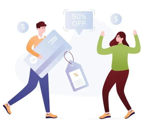 Man carrying a giant payment card with a 50% off tag as a woman celebrates a deal