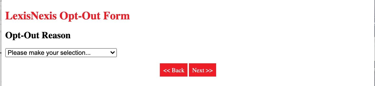 LexisNexis Opt-Out Form reason page with a dropdown to select your opt-out reason