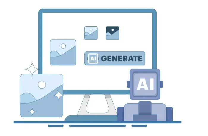Computer screen with an AI Generate button and image thumbnails next to an AI-chip processor