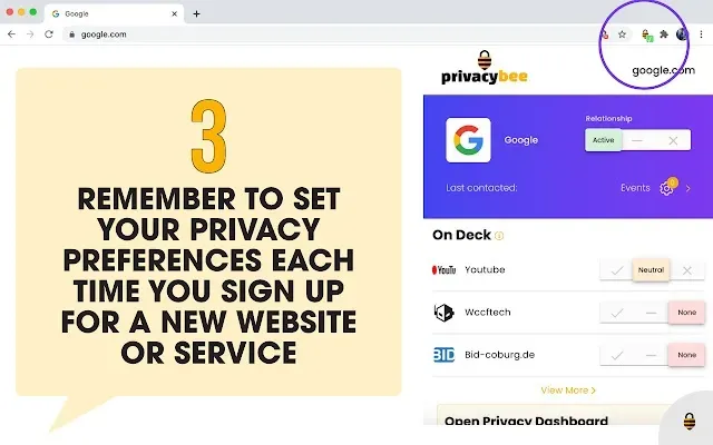 Step 3: set privacy preferences for each new site, shown via Privacy Bee panel on google.com