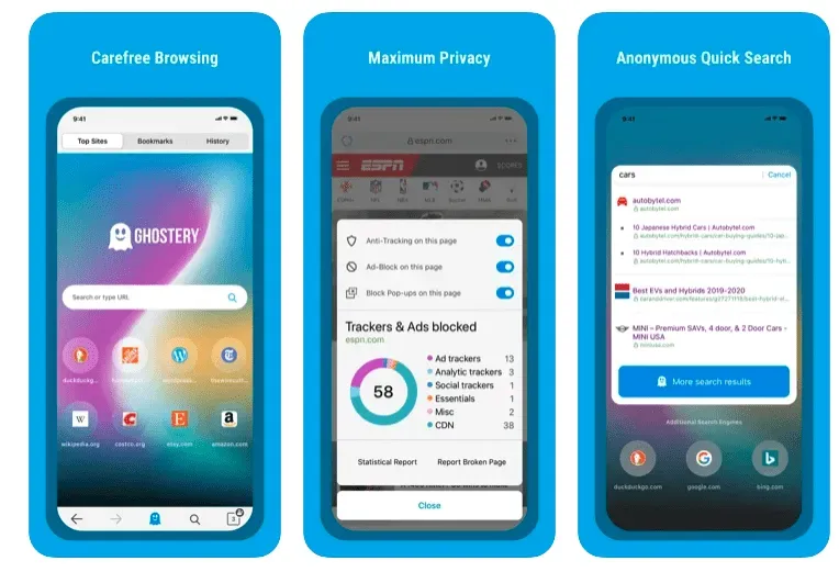 Ghostery browser app screens showing 58 trackers blocked and anonymous quick search