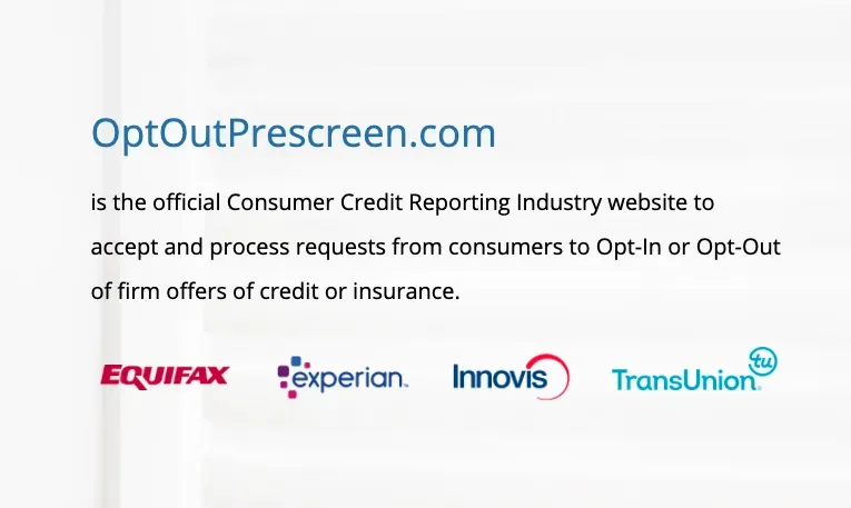 OptOutPrescreen.com banner with Equifax, Experian, Innovis, and TransUnion logos