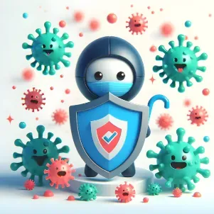 Masked robot mascot holding a checkmark shield, surrounded by cartoon germ characters