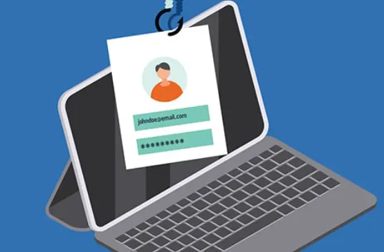 Fishing hook lifting a login card with email and password from a laptop, depicting phishing