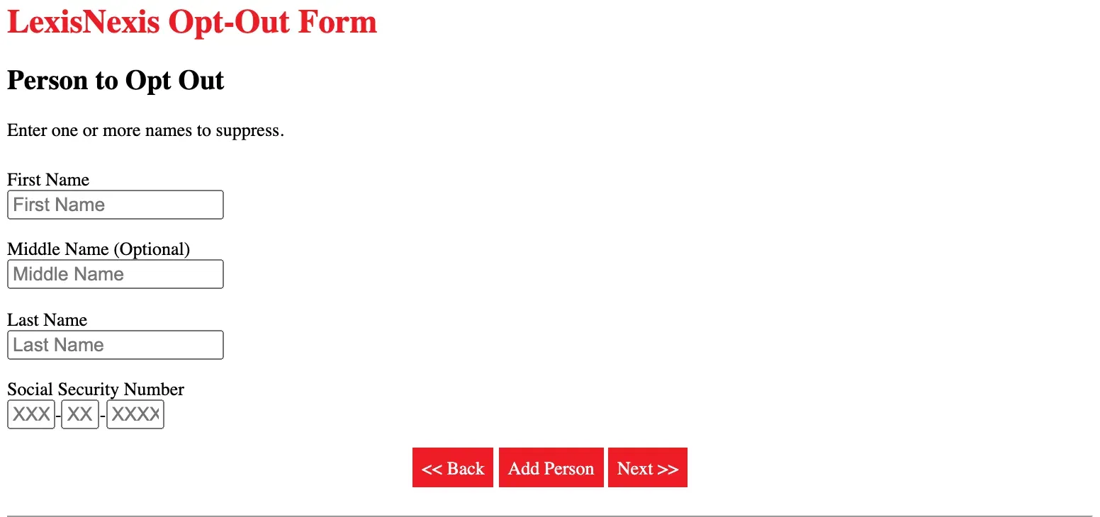LexisNexis Opt-Out Form fields for first, middle and last name plus Social Security number