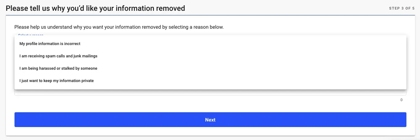 Whitepages opt-out step 3 dropdown listing removal reasons like spam calls, harassment and privacy
