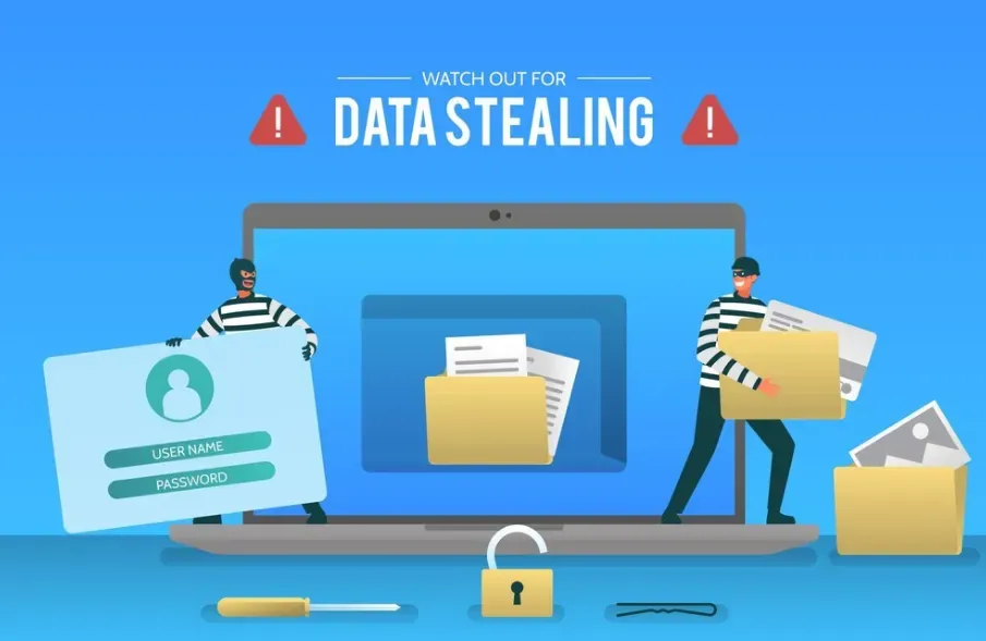 'Watch out for data stealing' illustration with masked thieves taking login credentials and files from a laptop