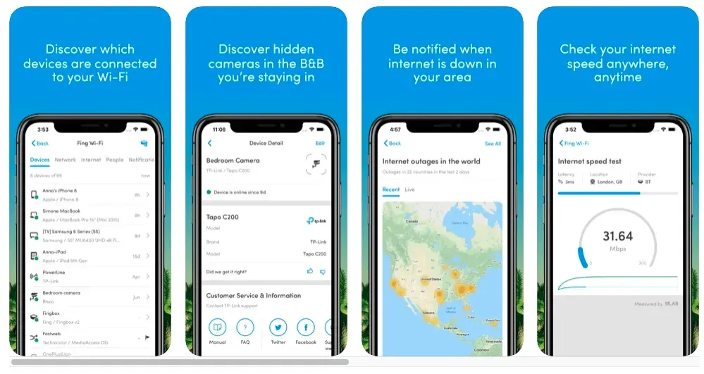 Fing app screens showing connected Wi-Fi devices, hidden camera finder, and speed test