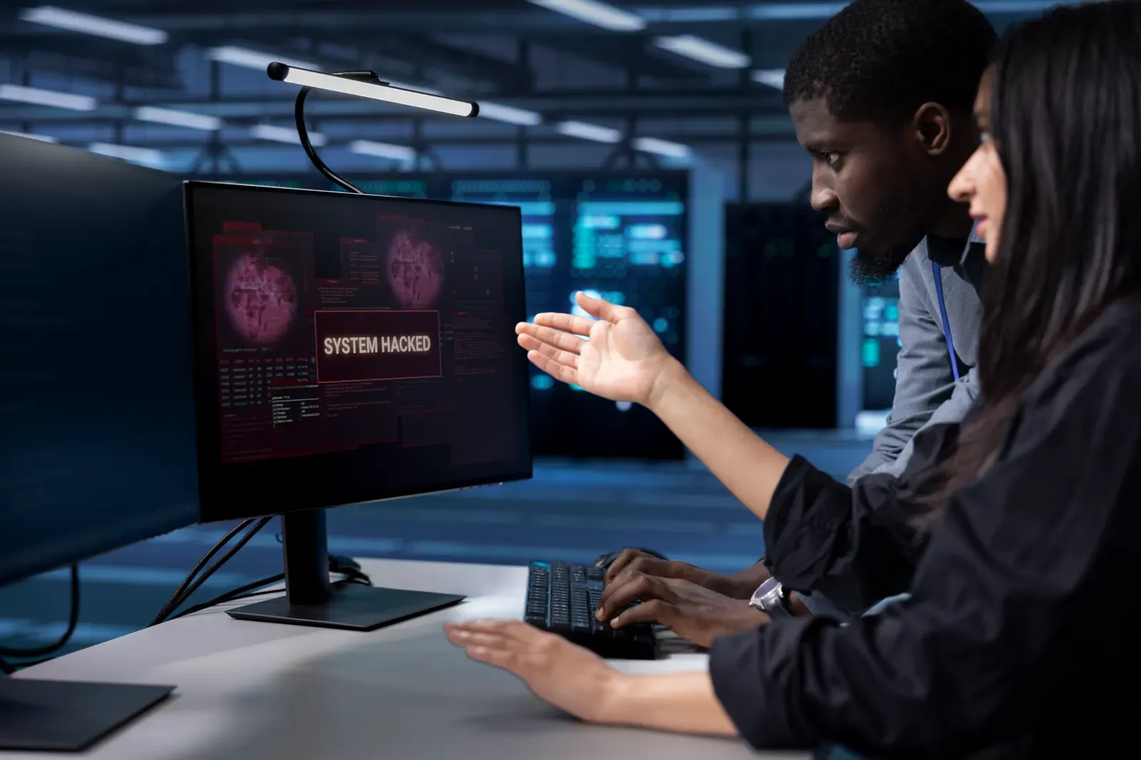 Two IT workers in a server room facing a monitor displaying a red 'System Hacked' breach alert