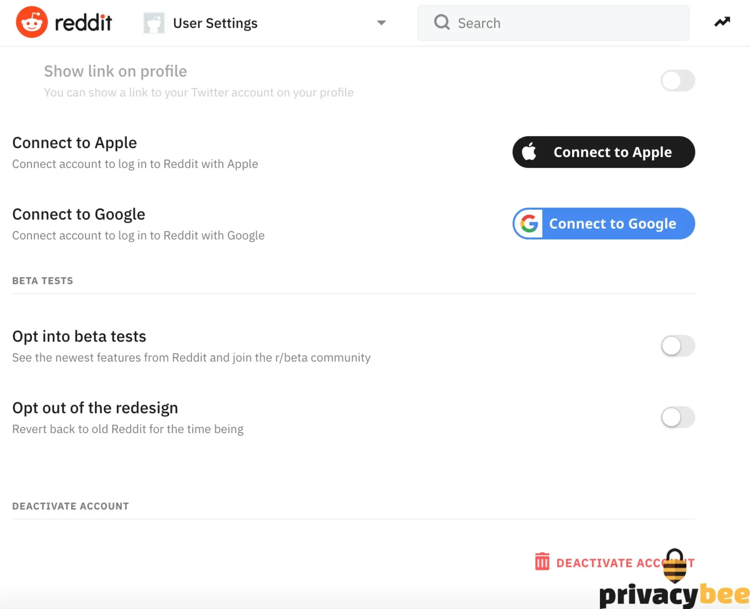 Reddit User Settings page with Connect to Apple and Google options and a red Deactivate Account link