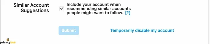 Account settings with a similar-account suggestions checkbox and a Temporarily disable my account link