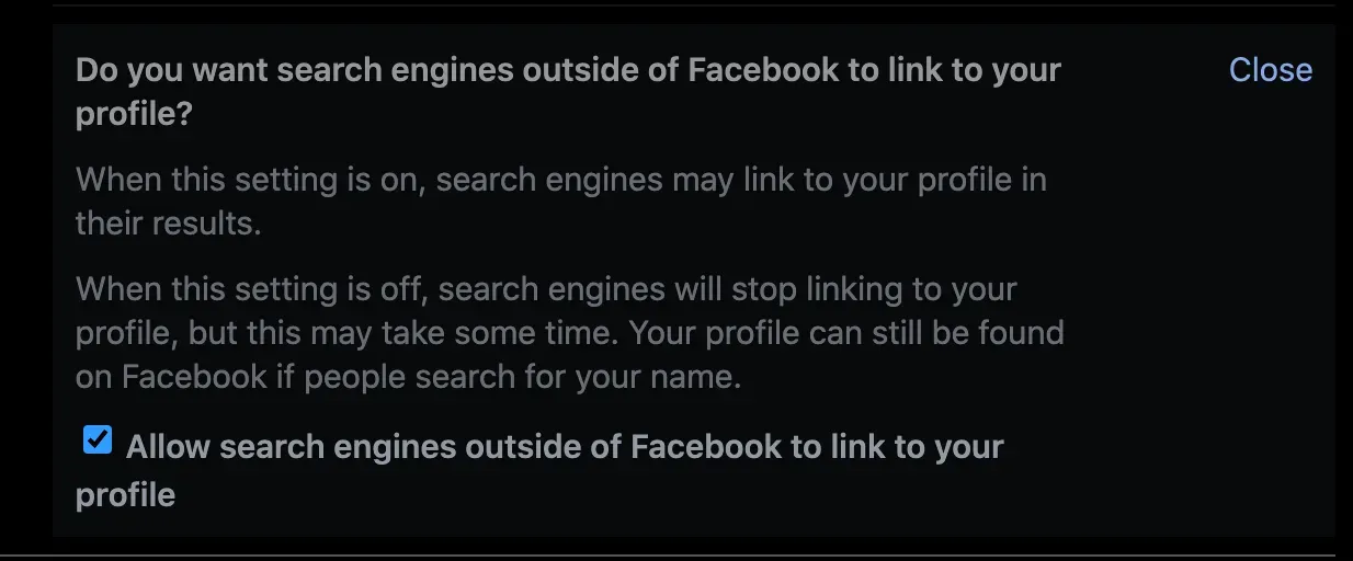 Facebook privacy setting letting search engines outside Facebook link to your profile, checkbox enabled