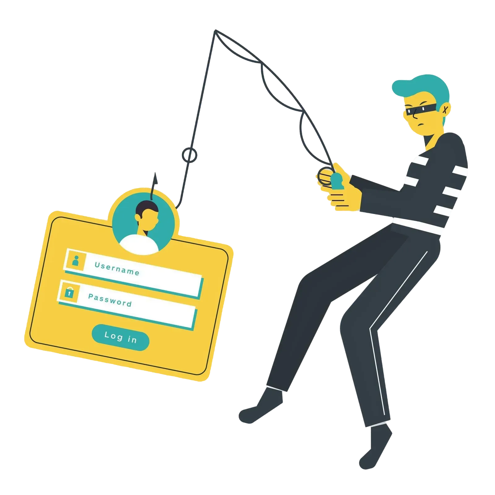 Masked hooded hacker at a computer surrounded by a padlock, fingerprint, and warning icons