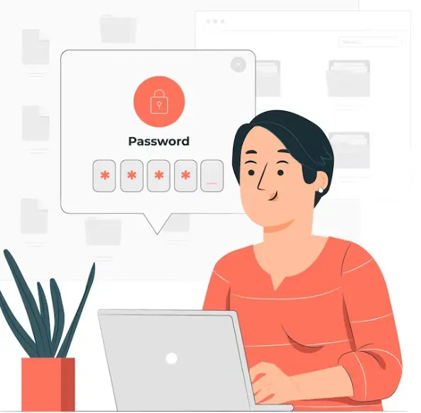 Person at a laptop with a pop-up password field showing asterisks and a lock icon